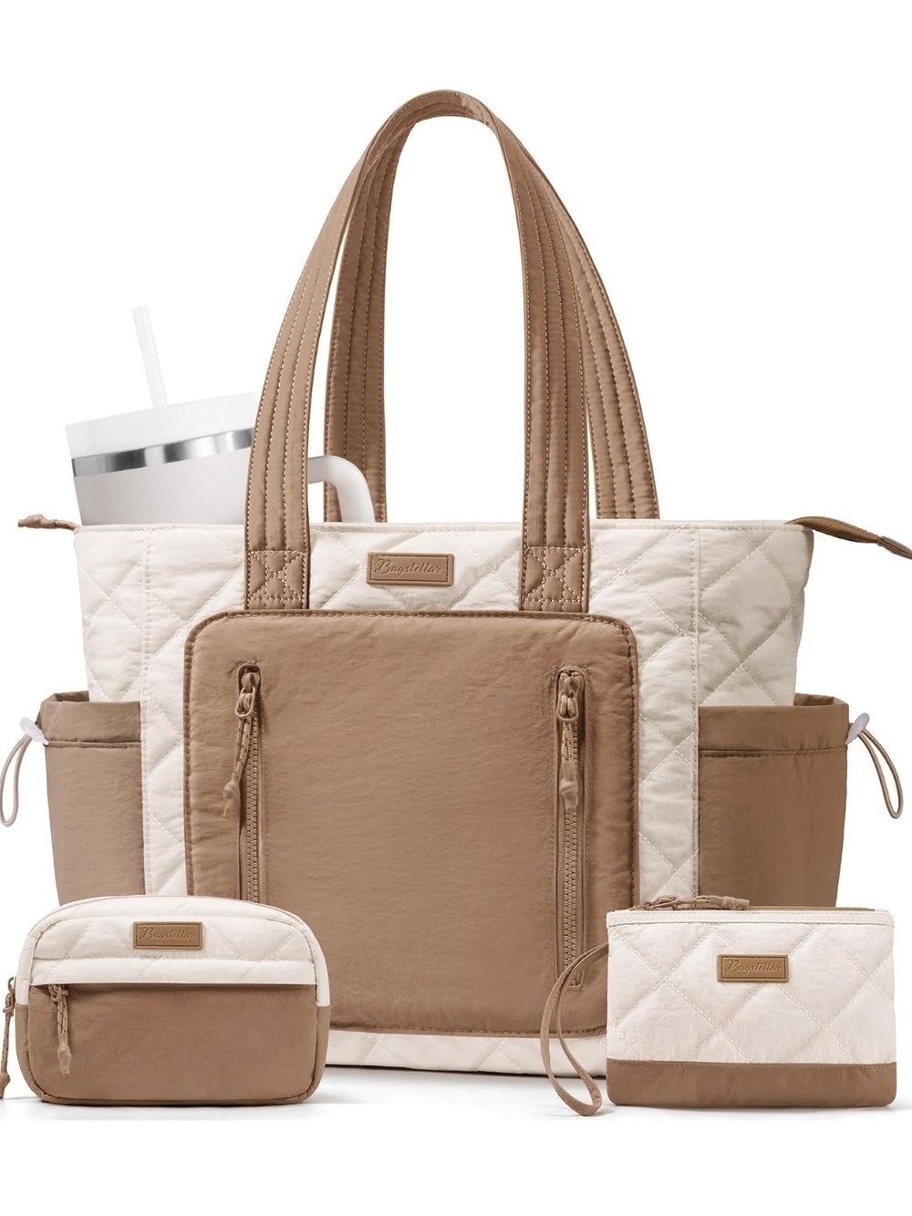 Quilted Two-Tone Tote Bag in Cream and Tan